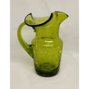 Vtg Hand Blown Pitcher Green Crackle Glass 5" Ruffle By Rainbow or Pilgrim